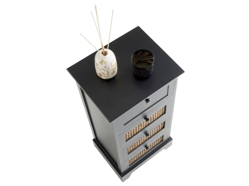 Chiffonnier JASMIN petite commode avec 4 tiroirs, style nostalgique bohême, en bois de paulownia lasuré noir et rotin