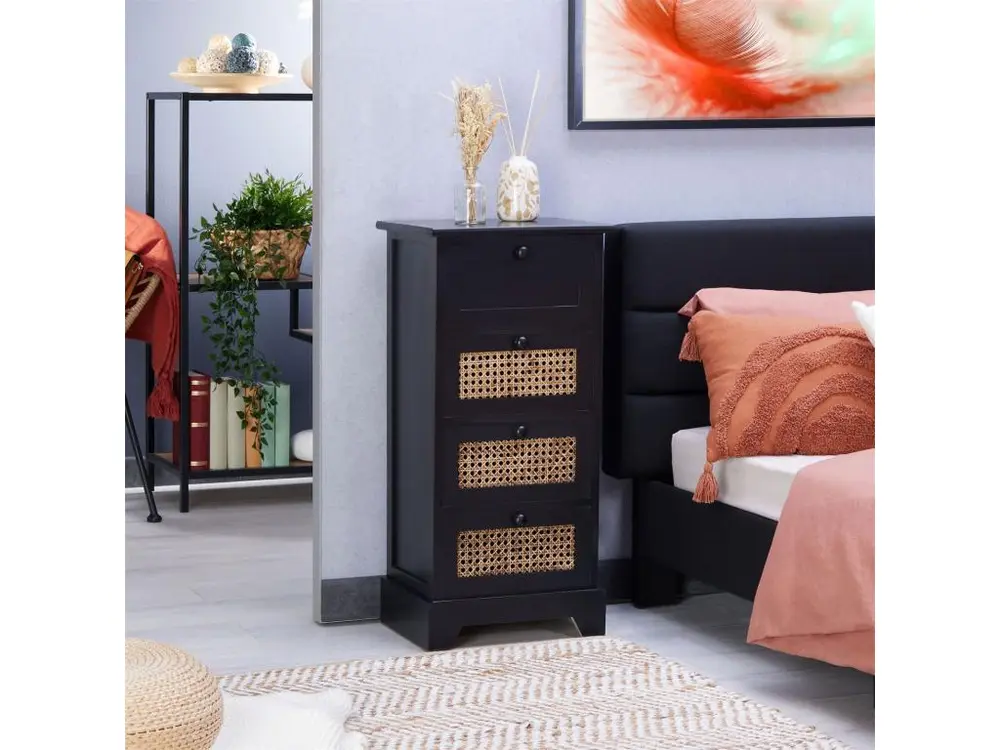 Chiffonnier JASMIN petite commode avec 4 tiroirs, style nostalgique bohême, en bois de paulownia lasuré noir et rotin