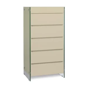 Meuble de rangement 5 tiroirs bois laqué créme et pieds verre trempé Dyn pour rangement modulable