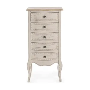 Support de tablette Chiffonnier en bois de paulownia blanc 5 tiroirs Jara 48cm