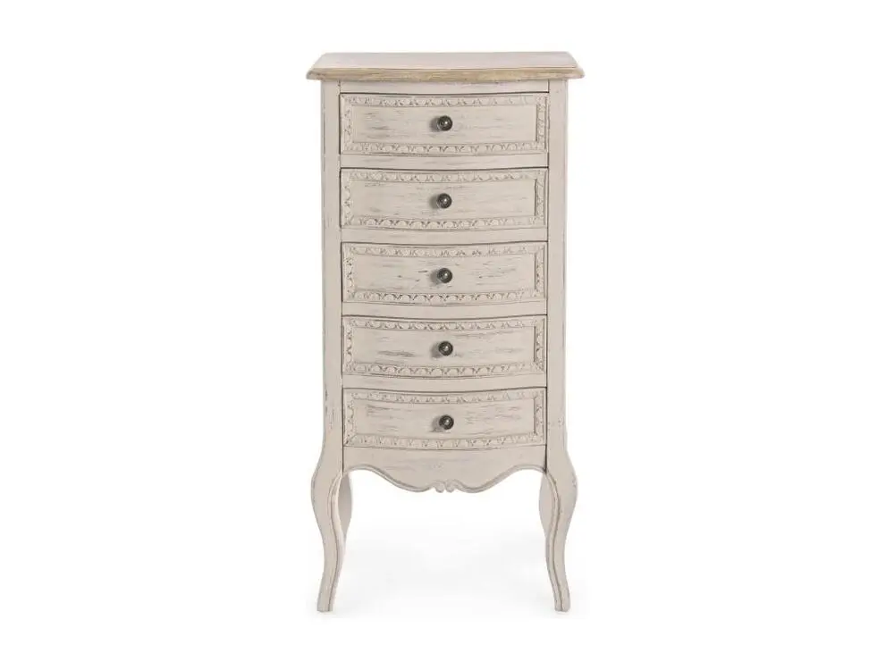 Support de tablette Chiffonnier en bois de paulownia blanc 5 tiroirs Jara 48cm