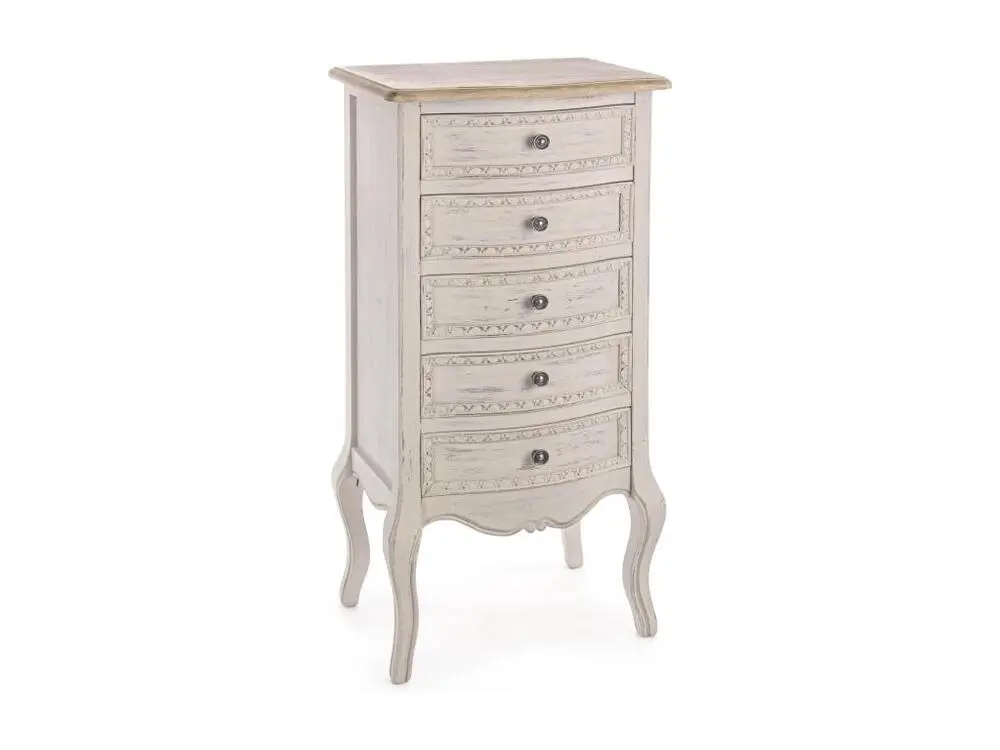 Support de tablette Chiffonnier en bois de paulownia blanc 5 tiroirs Jara 48cm