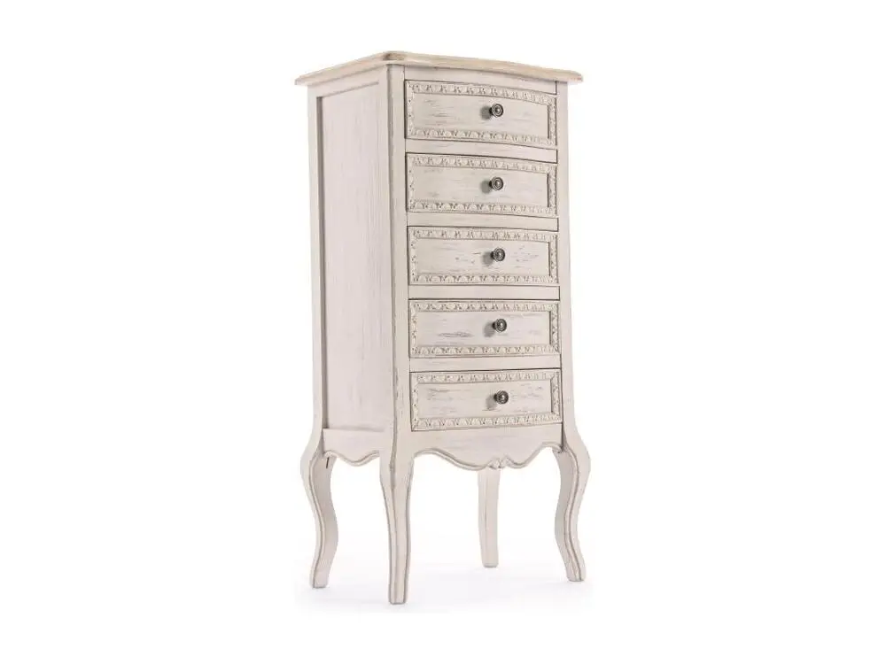 Support de tablette Chiffonnier en bois de paulownia blanc 5 tiroirs Jara 48cm