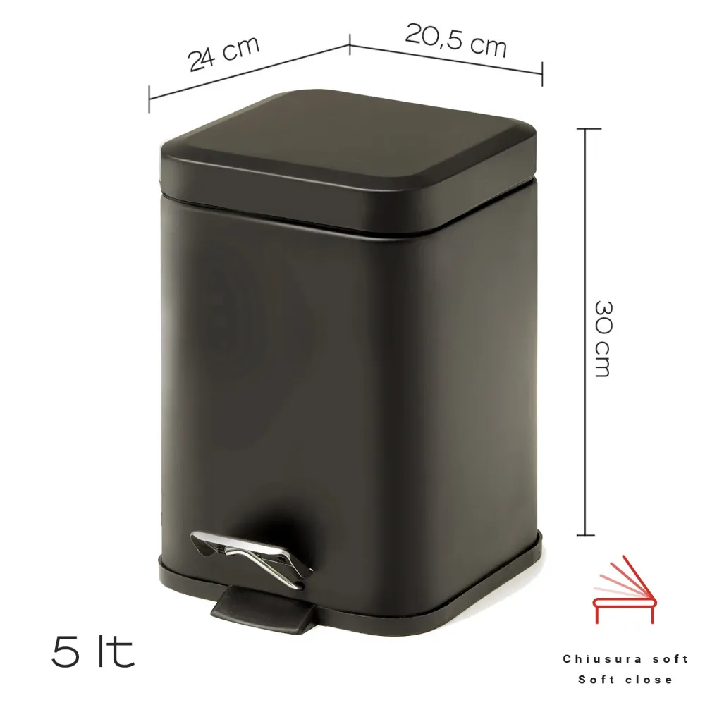 Porte-déchets carré 5 lt en acier inoxydable modèle Argenta de Gedy - noir mat avec Serrure à clé
