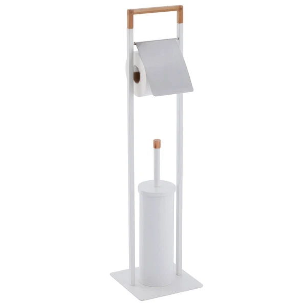 Professionnel Lampadaire de salle de bain avec porte-rouleau de papier toilette et brosse WC blanc et bambou