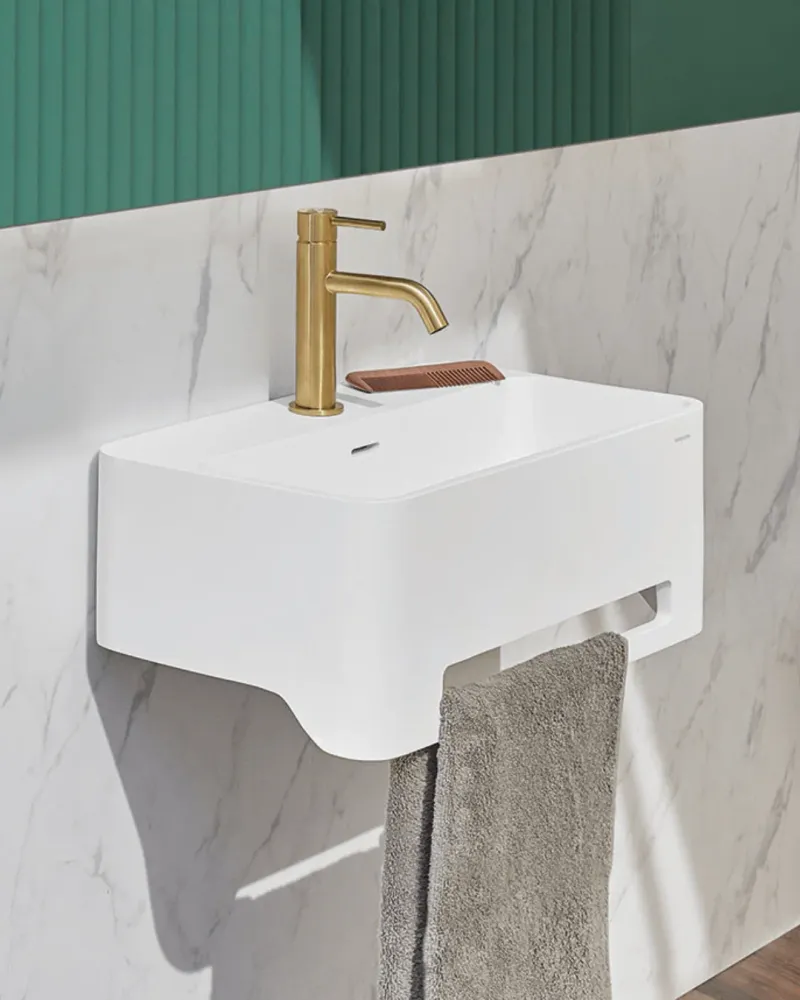 Garantie 5 Ans CORK : Vasque murale suspendue avec porte-essuie 50x31x20 en Gelcoat