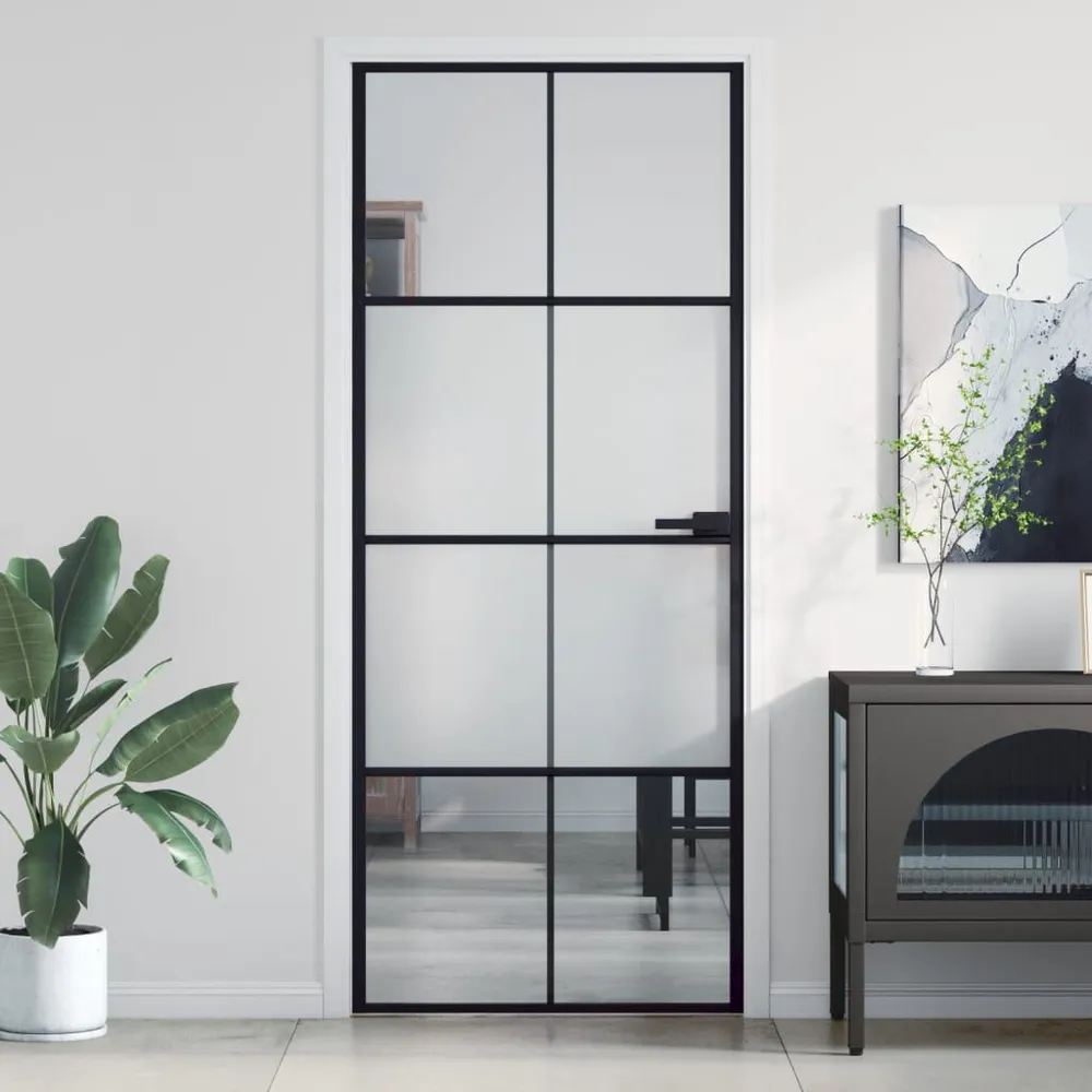 Porte intérieure étroit noir 83x201,5 cm verre trempé aluminium
