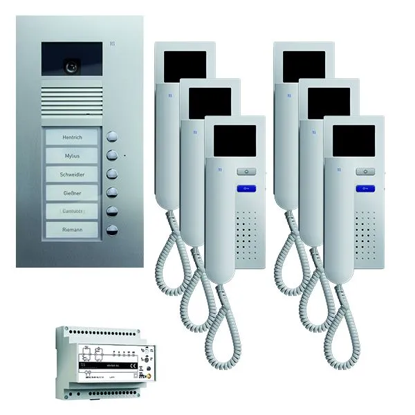 Vidéo de commande de porte TCS : pack UP pour 6 logements avec platine de rue AVU 6 boutons de sonnerie 6x visiophone IVH3...
