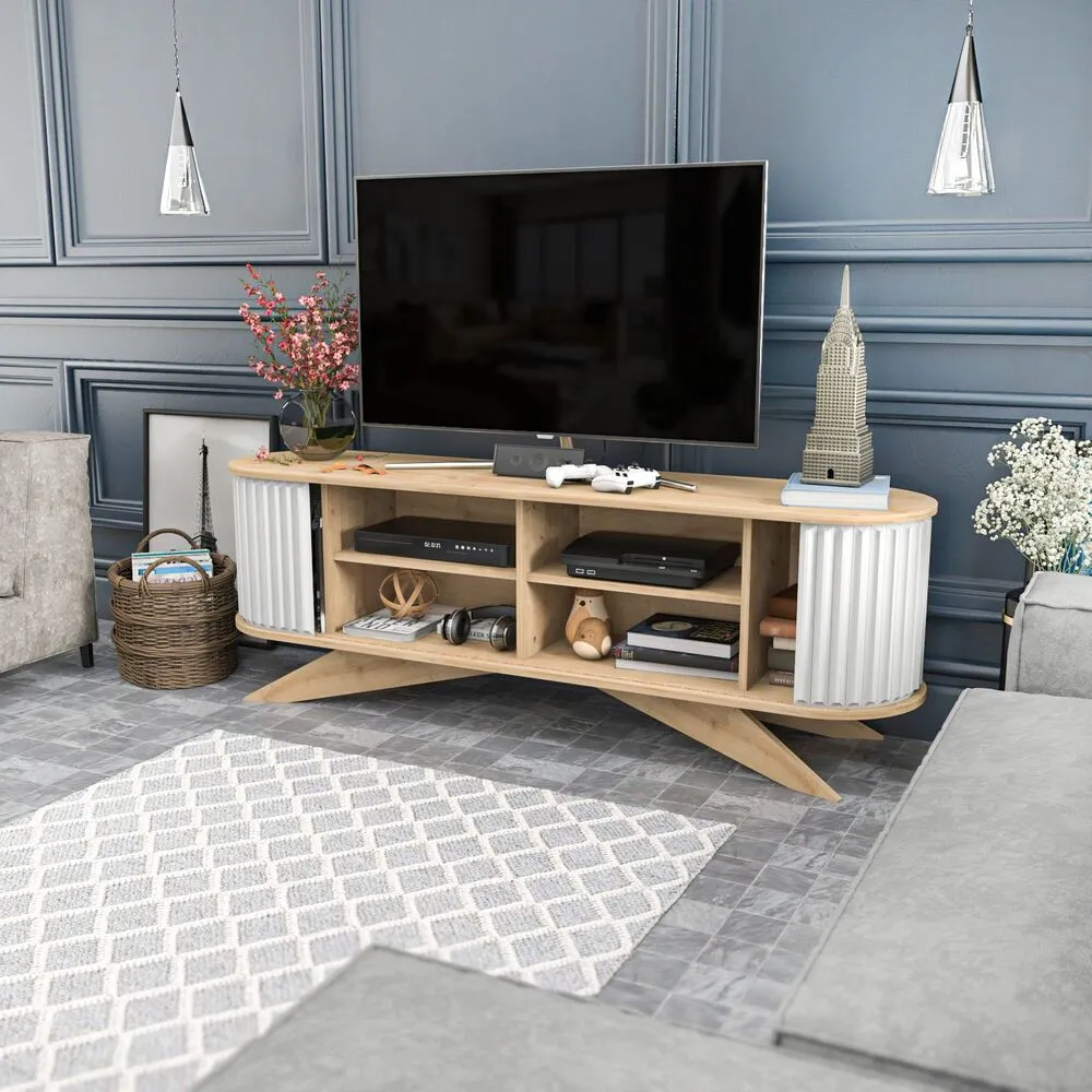 Meuble TV portes coulissantes Natera 180cm Chêne évident et Blanc