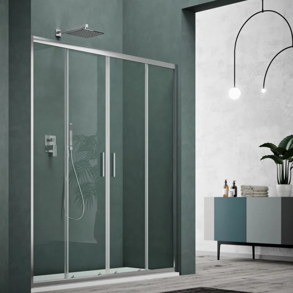 Porte de douche deux coulissants ouverture centrale cm 150 modèle Connecté en verre trempé mm 6