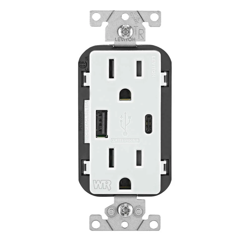 Professionnel Prise Decora combinée résistante aux intempéries et inviolable avec chargeurs USB de Type- et de type C, blanc