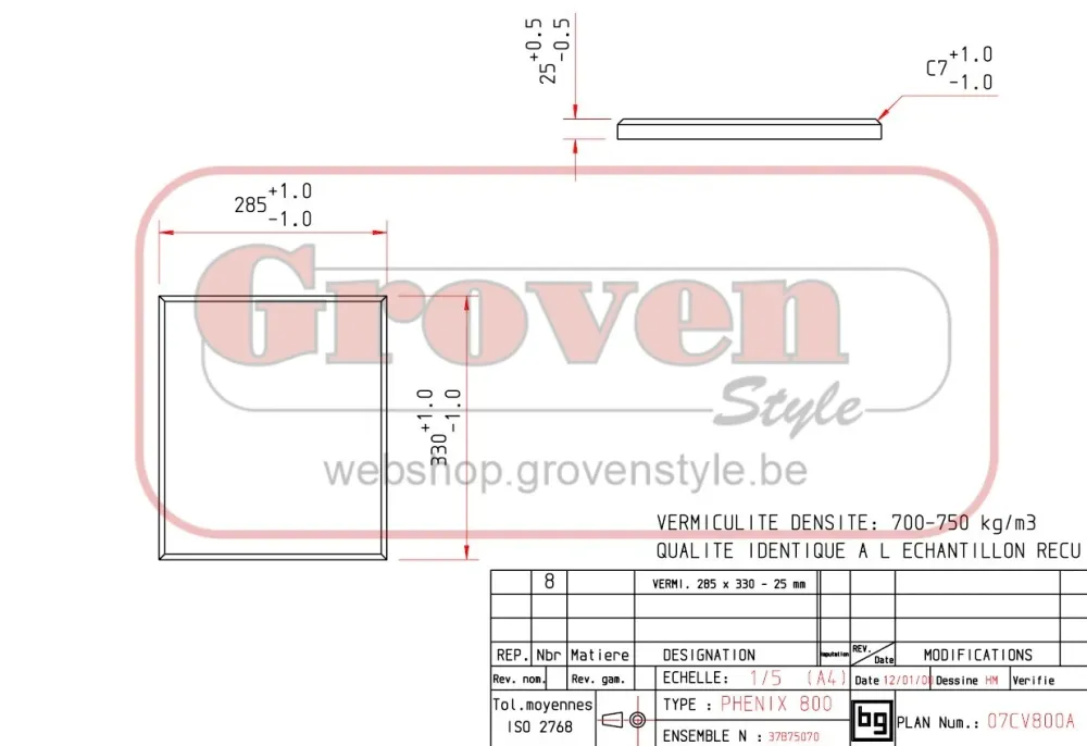 BODART & GONAY - 07CV800A Vermiculiet 285x330x25 Phenix 600 Phenix 800 Phenix 950