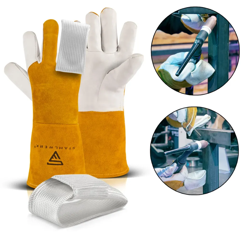Gants de soudage en acier + les doigts de perruque, gants de protection robustes et résistants à la chaleur en cuir vrai,...