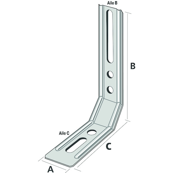 Équerre de fixation de fenêtre ENPC à pan coupé nervurée - Dimensions (L1 x L2) : 85 x 70 mm - Largeur : 30 mm - Épaisseur...