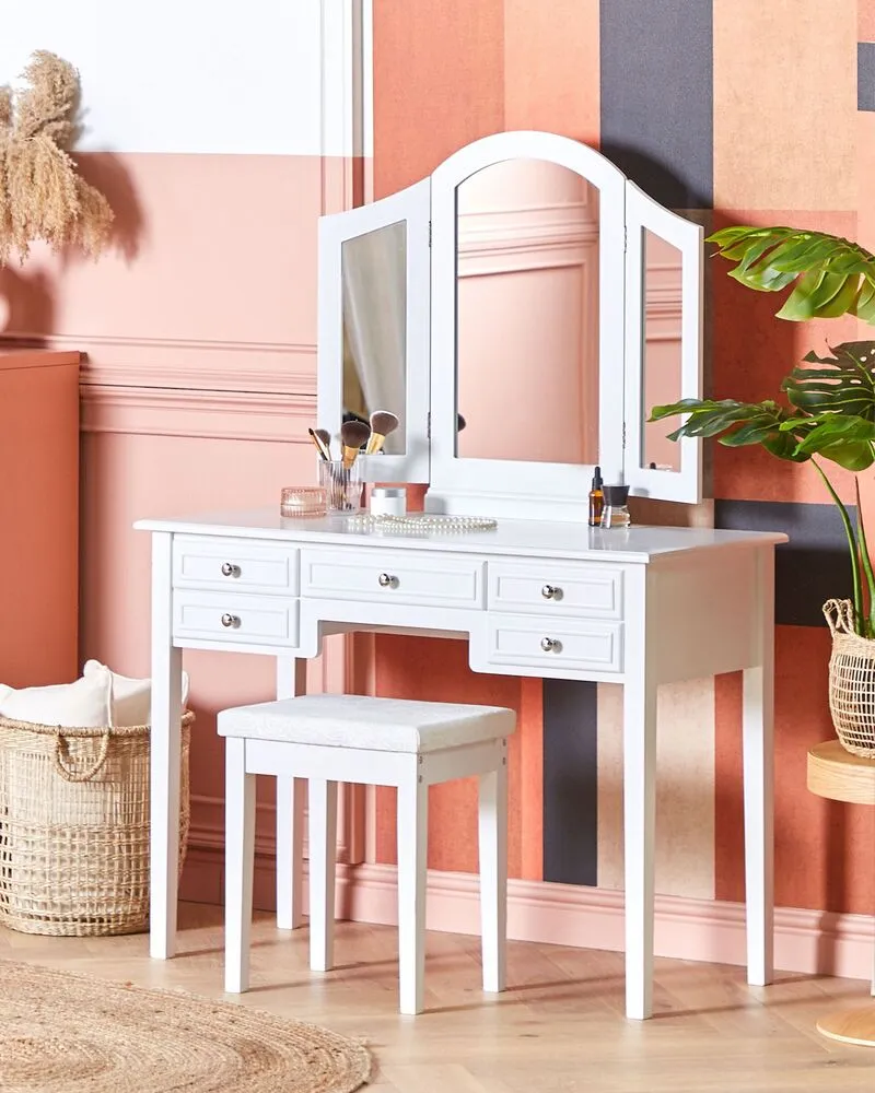 5 Drawers Dressing Table Mirror and Stool Blanc pur LUMIERE