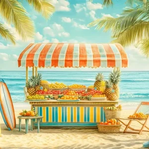 Toile de fond Été Plage Tropicale Stand Fruits Surf GQ6-54