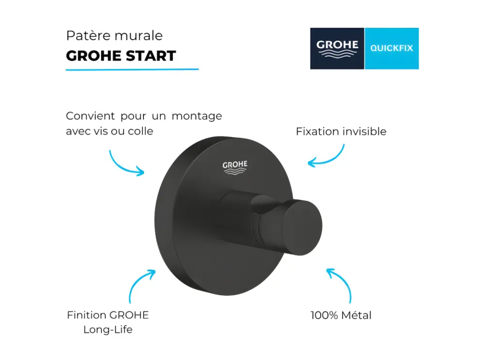 Patère murale GROHE Start noir mat + colle GROHE QuickGlue