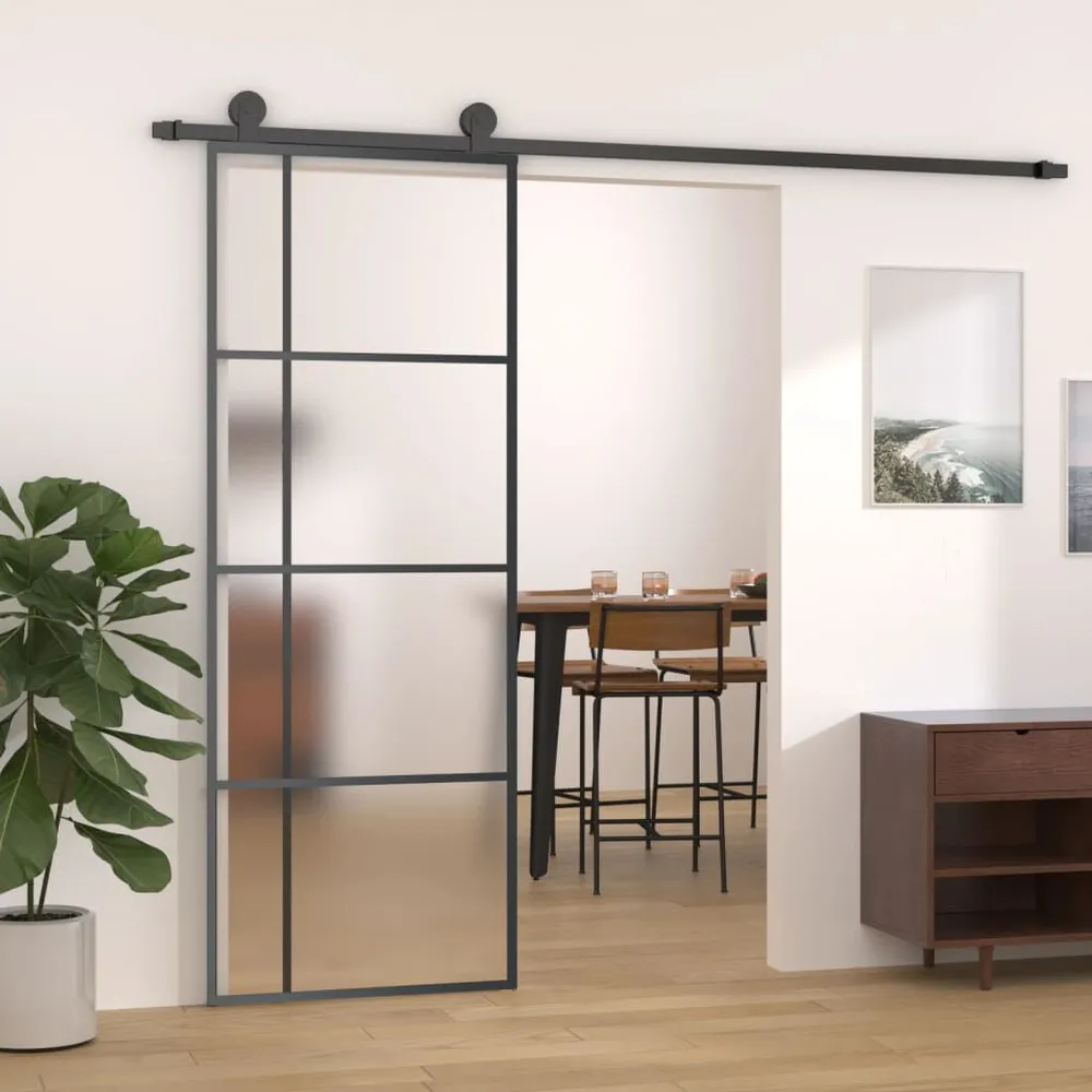 Certifié NF Porte coulissante Verre ESG dépoli et aluminium 76x205 cm Noir