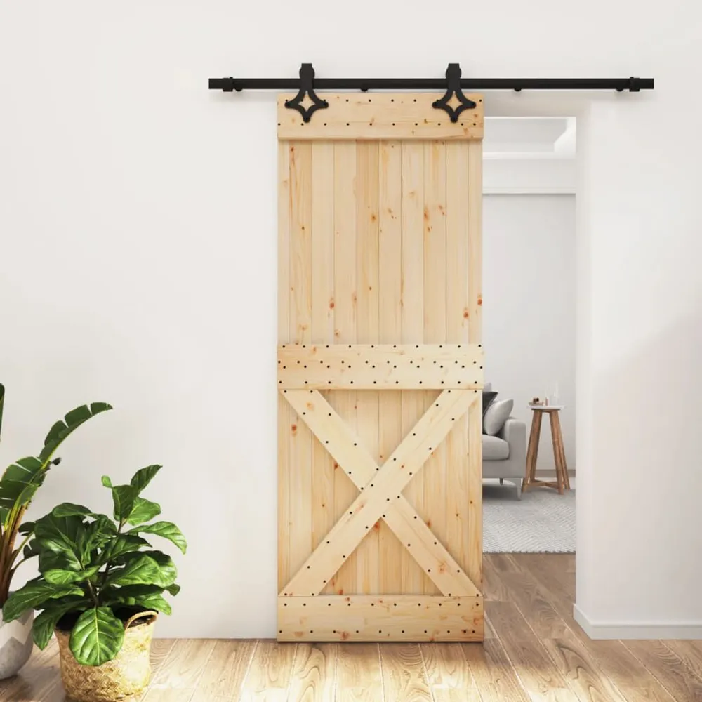 Porte coulissante et kit de quincaillerie 80x210 cm pin massif avec mécanisme silencieux