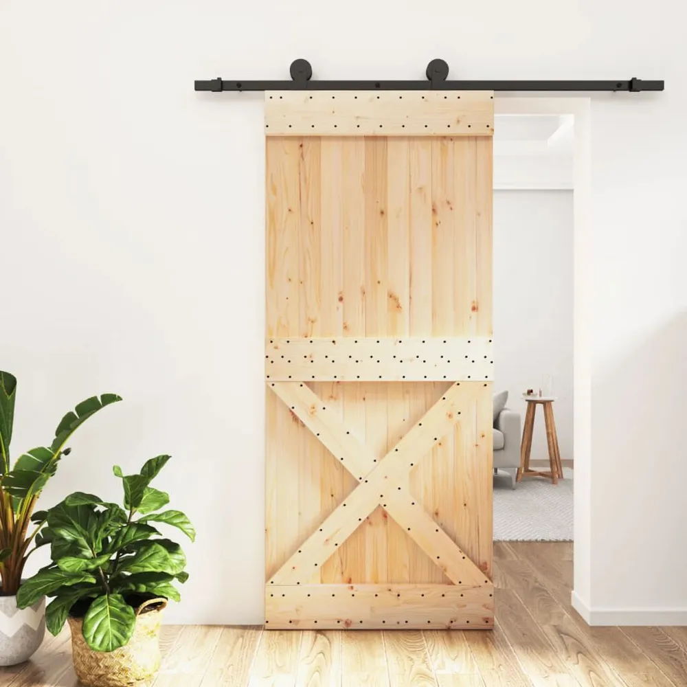 Porte coulissante et kit de quincaillerie 90x210 cm pin massif avec Gâche Incluse