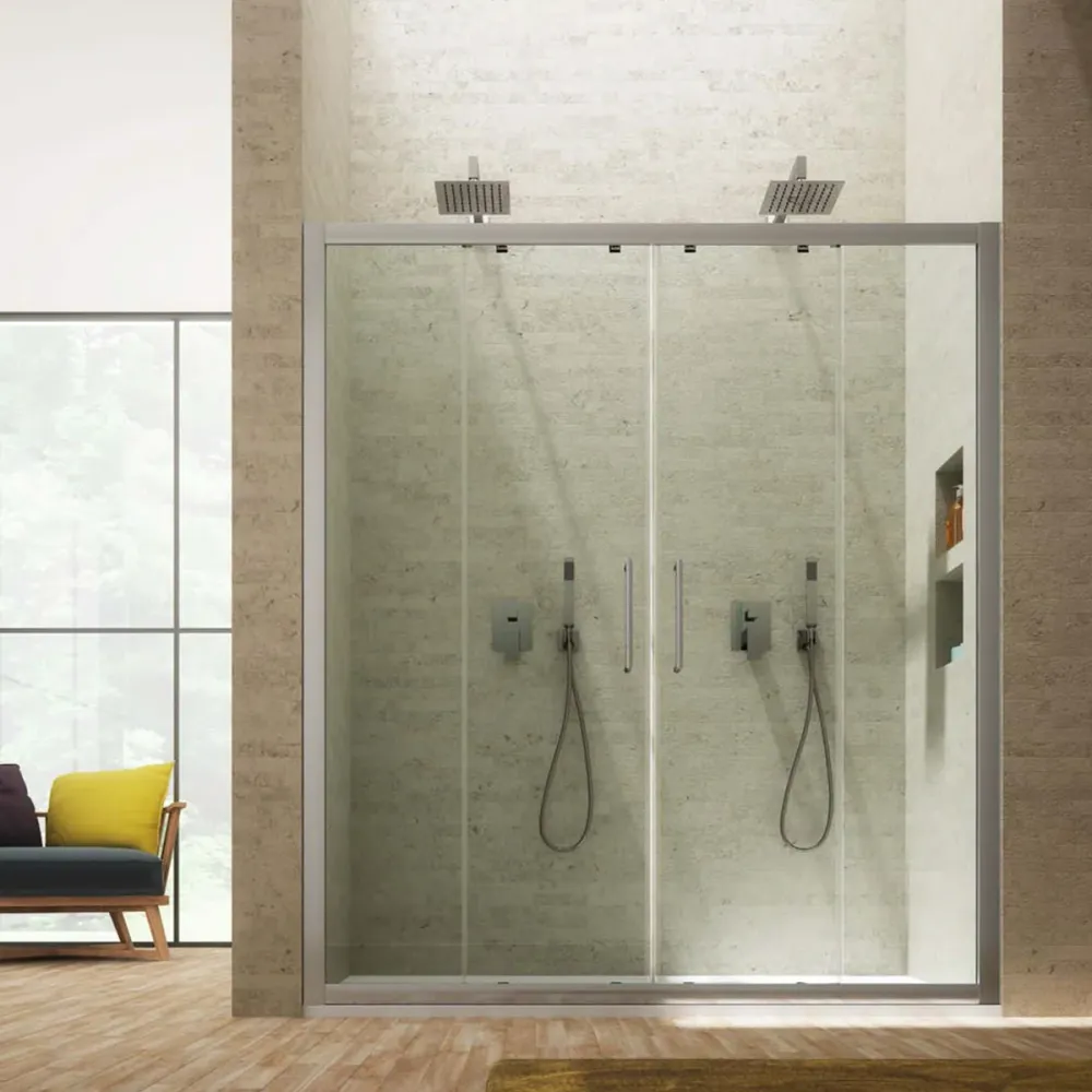 Porte de douche coulissante à 2 vantaux modèle Minerva 120 cm en verre clair 6 mm Kit d'installation complet
