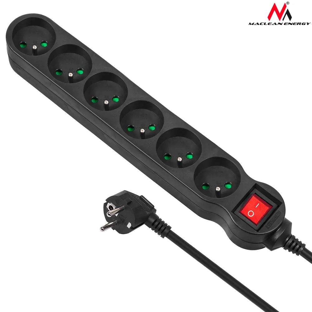 Cordon d'extension pour cordon d'alimentation 6 prises avec bouchons noirs 1,5m Maclean Energy MCE225 protection contre dé...