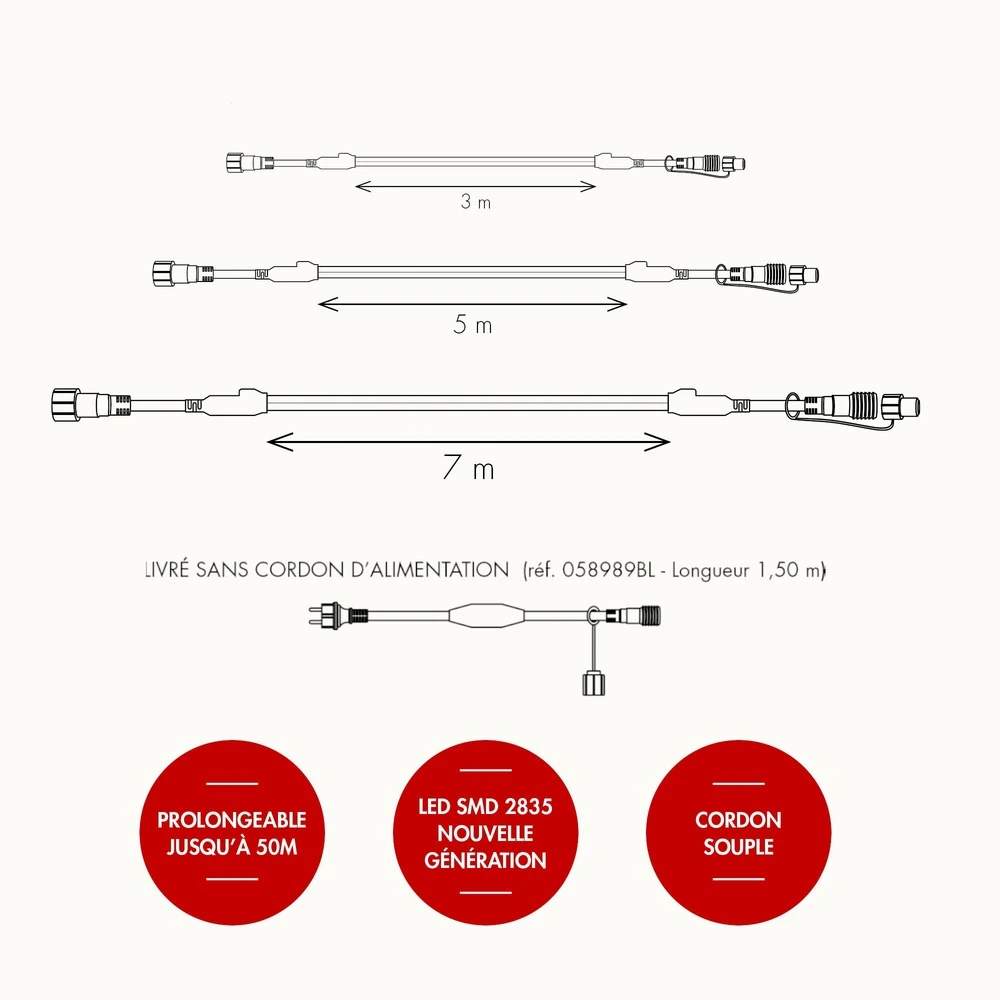 Cordon lumineux sur'lineblanc doux - 5m - prolongeable - chromex