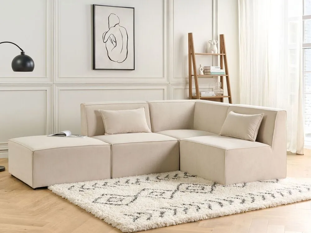Left Hand 3 Seater Modular Géant Cord Corner Sofa Ottoman Beige LEMVIG