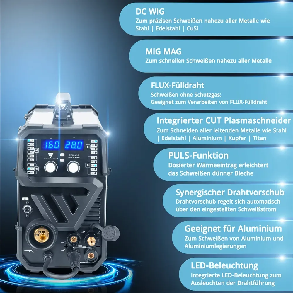 Poste à souder combiné STAHLWERK CTM-416 Puls Pro Poste à souder au gaz inerte 6 en 1 | Onduleur de 160 , fonction impulsi...