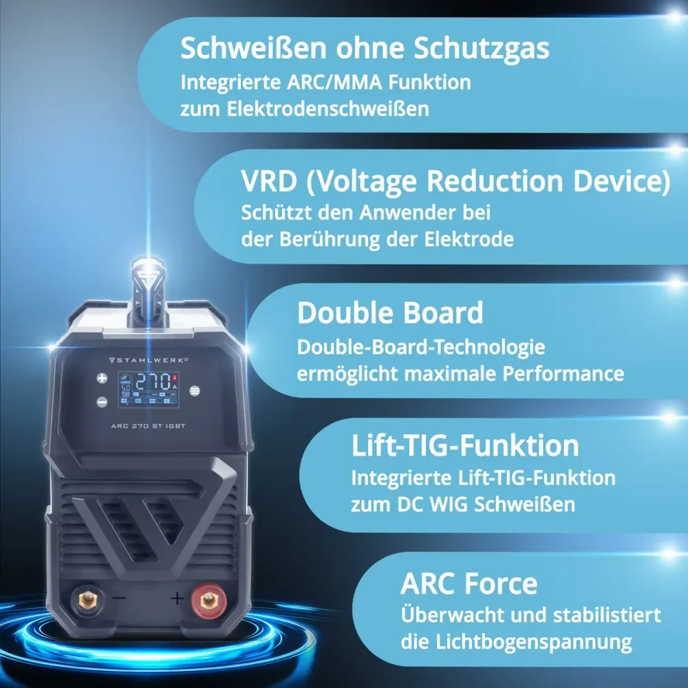 Stahlwerk Arc 270 ST Dispositif de soudage DC MMA | Machine de soudage de l'onduleur en ligne avec 270 ampères, affichage...