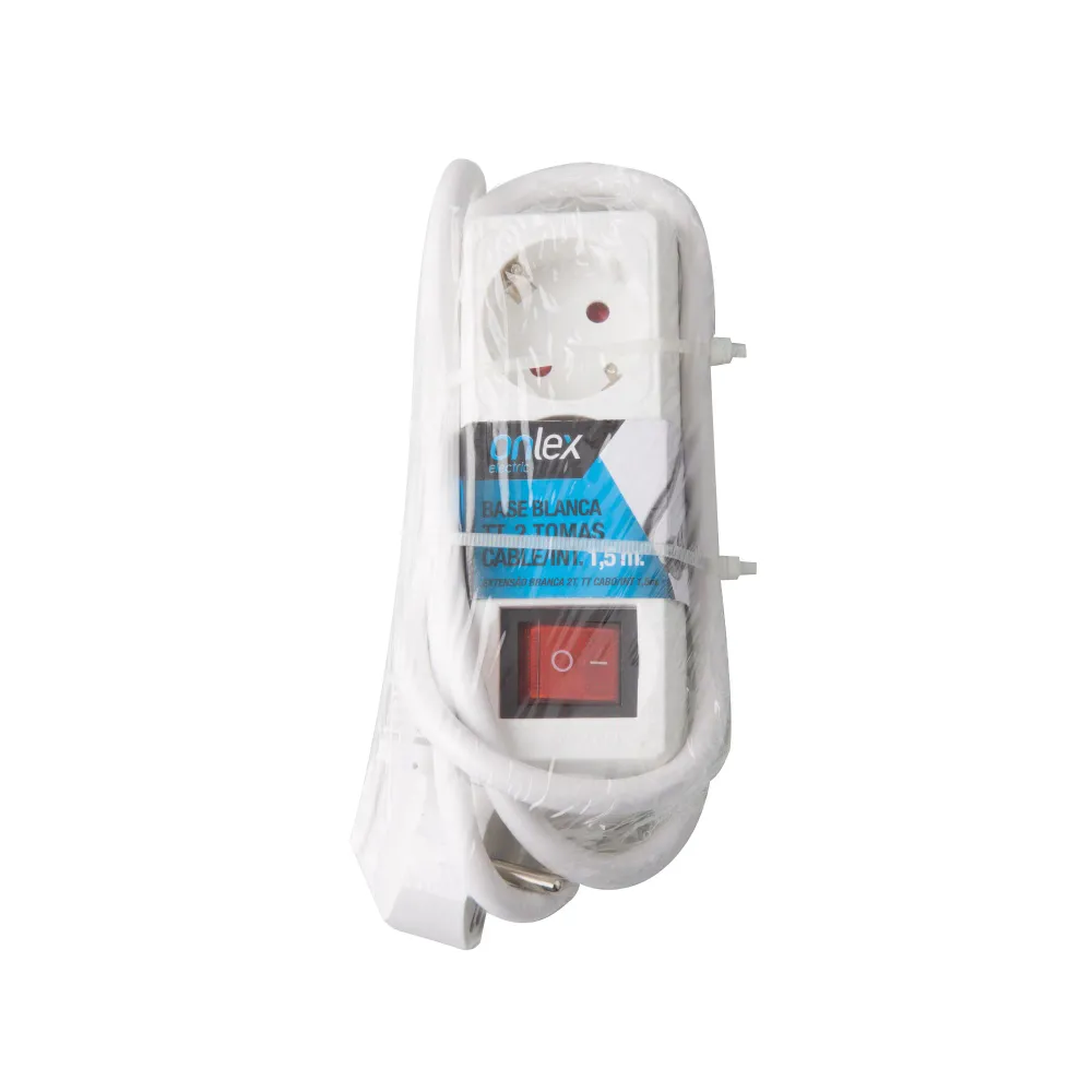 Multiprise parasurtenseur RALLONGE ELECTRIQUE AVEC BASE BLANCHE 2 SORTIES AVEC INTERRUPTEUR ET CABLE 1.5M