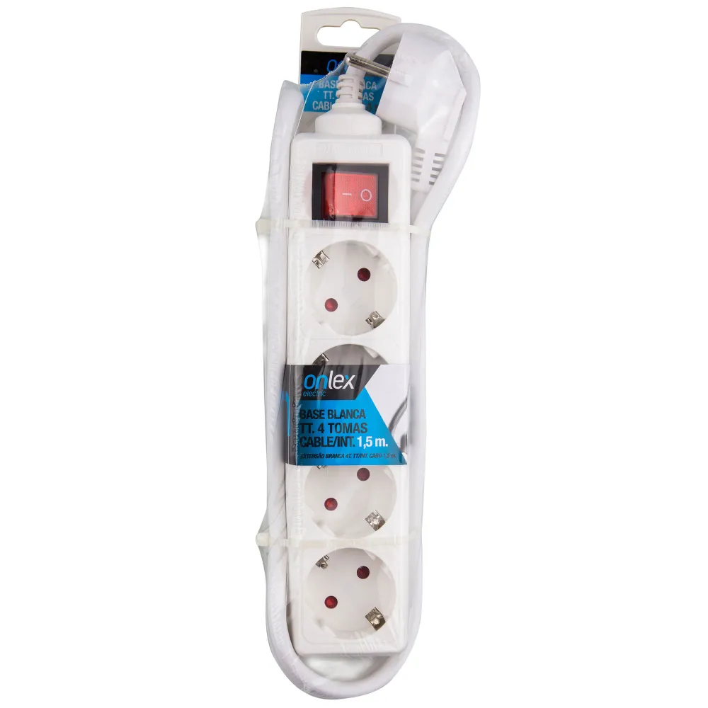 RALLONGE ELECTRIQUE AVEC BASE BLANCHE 4 PRISES AVEC INTERRUPTEUR ET CABLE 1.5M pour usage en atelier