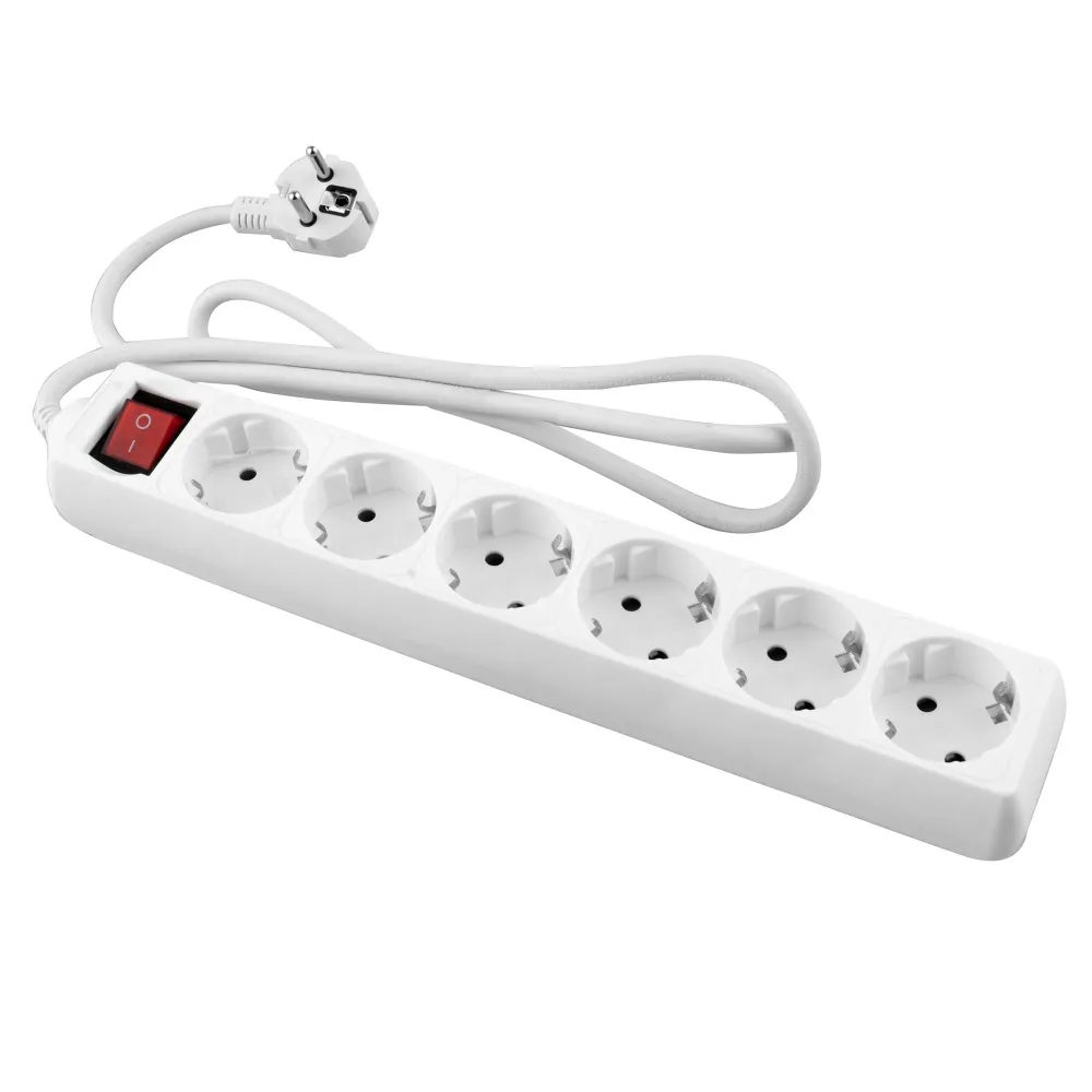 RALLONGE ELECTRIQUE AVEC BASE BLANCHE 6 PRISES AVEC INTERRUPTEUR ET CABLE 1.5M Longueur 10 mètres
