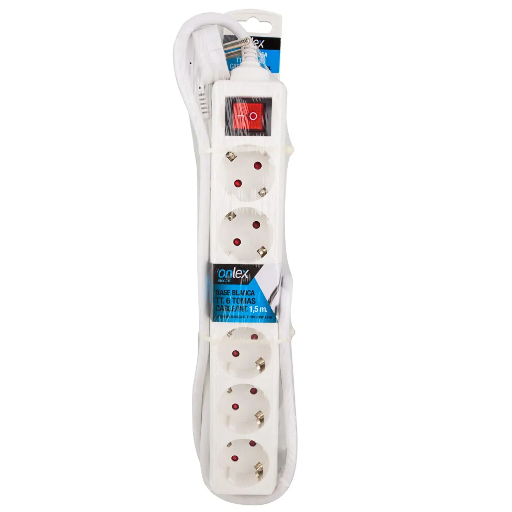 RALLONGE ELECTRIQUE AVEC BASE BLANCHE 6 PRISES AVEC INTERRUPTEUR ET CABLE 1.5M Longueur 10 mètres