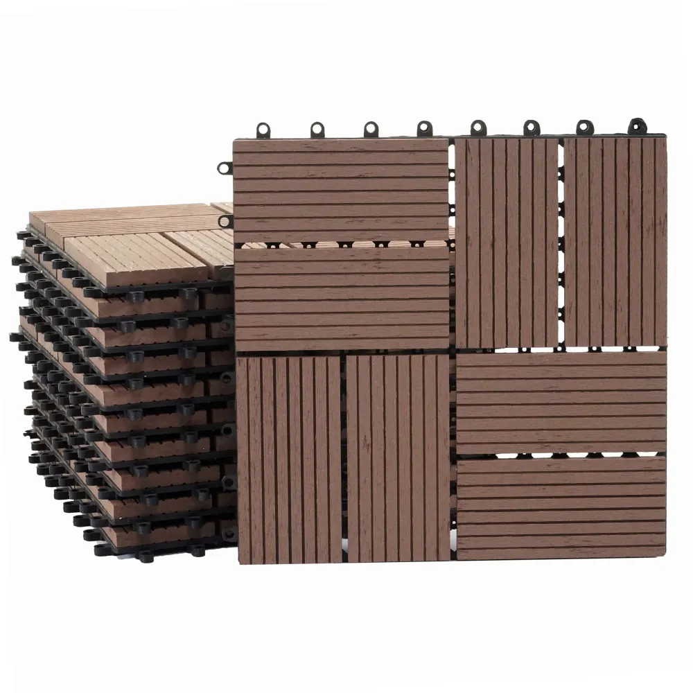 Carrelage de sol WPC balcon terrasse aspect bois 11 pièces 30x30cm 1m² décalage en teck couleur café 04_0005442