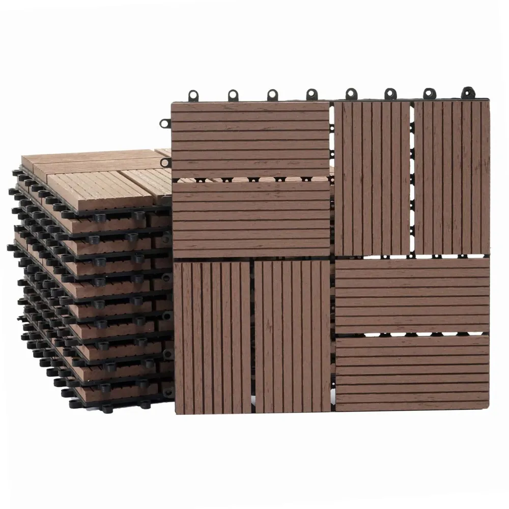 Carrelage de sol WPC balcon terrasse aspect bois 11 pièces 30x30cm 1m² décalage en teck couleur café 04_0005442