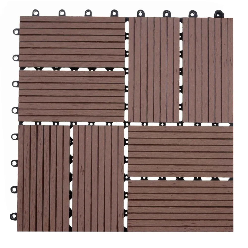 Carrelage de sol WPC balcon terrasse aspect bois 11 pièces 30x30cm 1m² décalage en teck couleur café 04_0005442