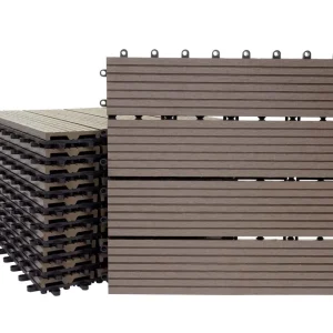 Carrelage de sol WPC balcon terrasse aspect bois 11 pièces 30x30cm 1m² décalage en teck linéaire couleur café 04_0005434