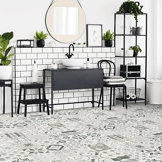 Sol Lino - Carreaux de ciment - Noir - Rouleau de 4m x 7m