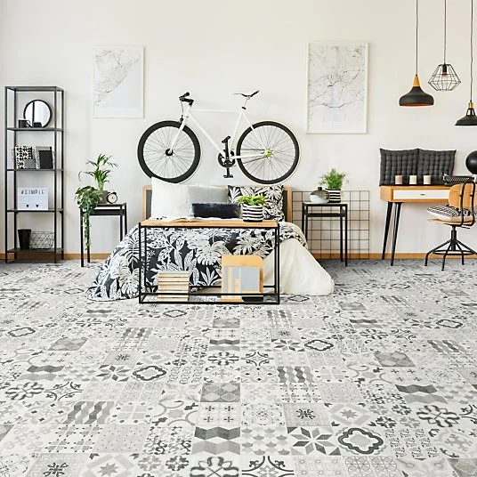 Sol Lino - Carreaux de ciment - Noir - Rouleau de 1m x 10m