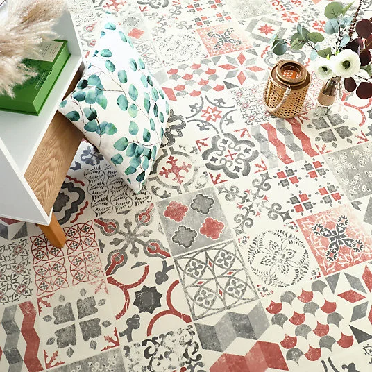 Sol Lino - Carreaux de ciment - Rouge brique - Rouleau de 2m x 5m