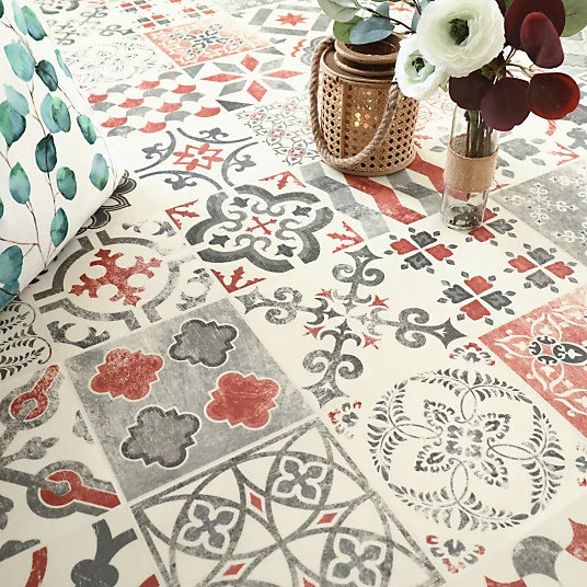 Sol Lino - Carreaux de ciment - Rouge brique - Rouleau de 2m x 5m