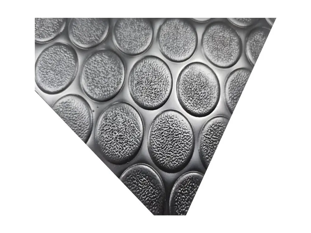 Sol PVC| Composition 100% Caoutchouc| Sol Caoutchouc| Sol Protection| Design Boutons Noir| Epaisseur 1MM| Mesure 140X500CM