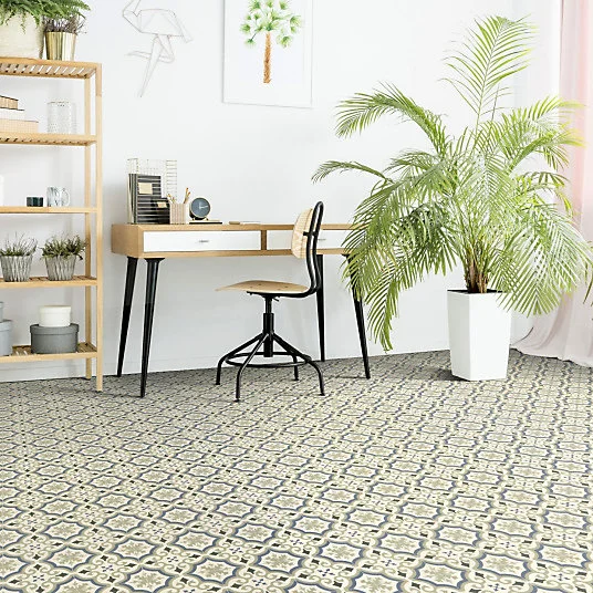 Sol Vinyle First - Effet carreaux de ciment arabesques - Vert et bleu - Rouleau de 3m x 16m
