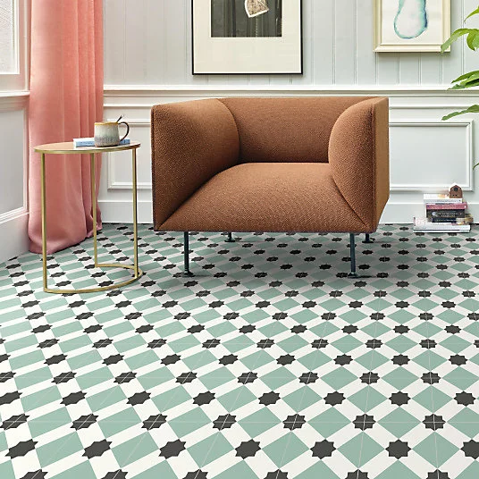 Sol Vinyle First - Effet carreaux de ciment géométrique - Vert d'eau - Rouleau de 3m x 20m