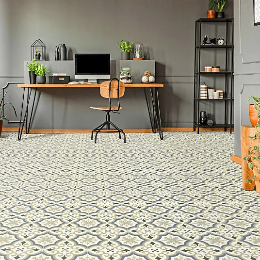 Sol Vinyle First - Effet carreaux de ciment arabesques - Vert et bleu - Rouleau de 3m x 13m