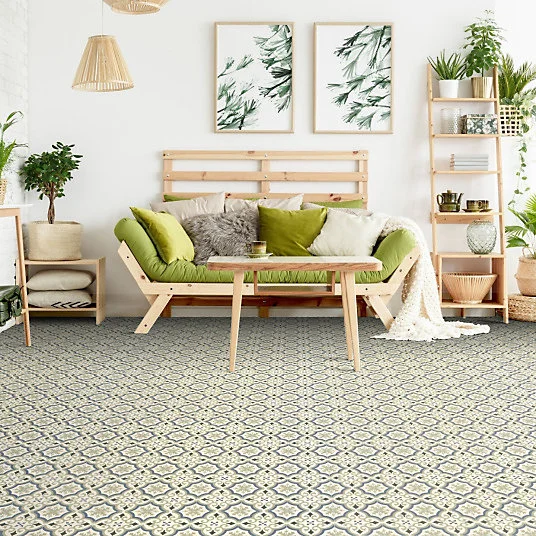 Sol Vinyle First - Effet carreaux de ciment arabesques - Vert et bleu - Rouleau de 3m x 13m