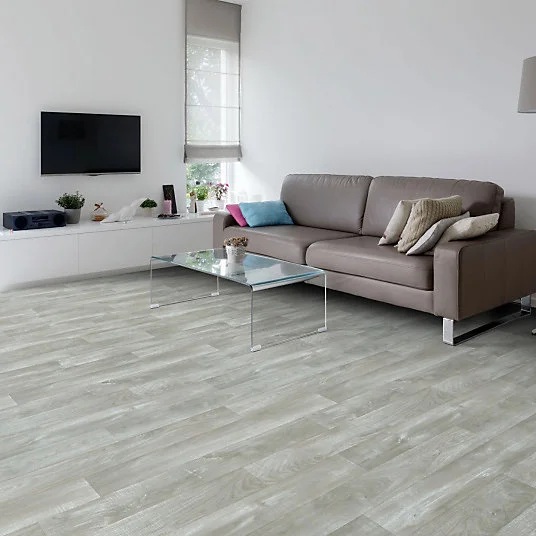 Sol Vinyle First - Imitation parquet gris évident - Effet argenté - Rouleau de 2m x 17m