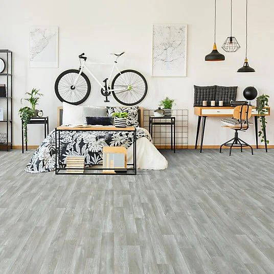 Sol Vinyle First - Imitation parquet gris évident - Effet argenté - Rouleau de 2m x 17m