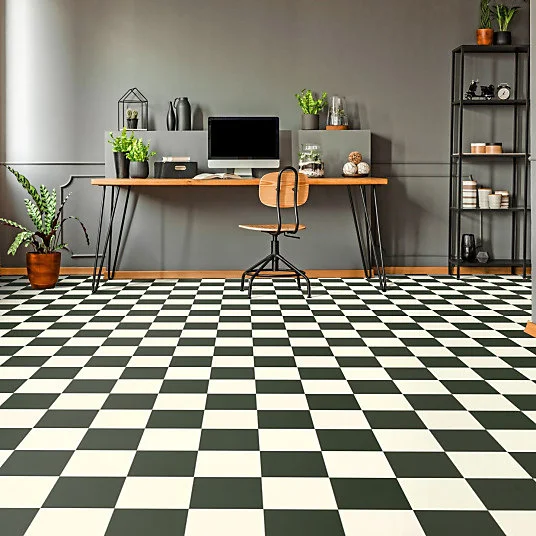 Sol Vinyle Happy Days - Carrelage damier droit - Noir et blanc - Rouleau de 3m x 26m